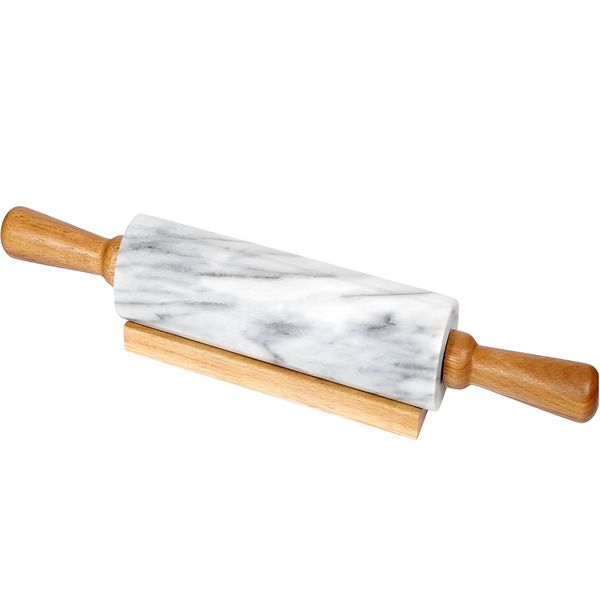 Marble Rolling Pin with Wooden Handles &amp; Wood Cradle - Dough Roller Tool