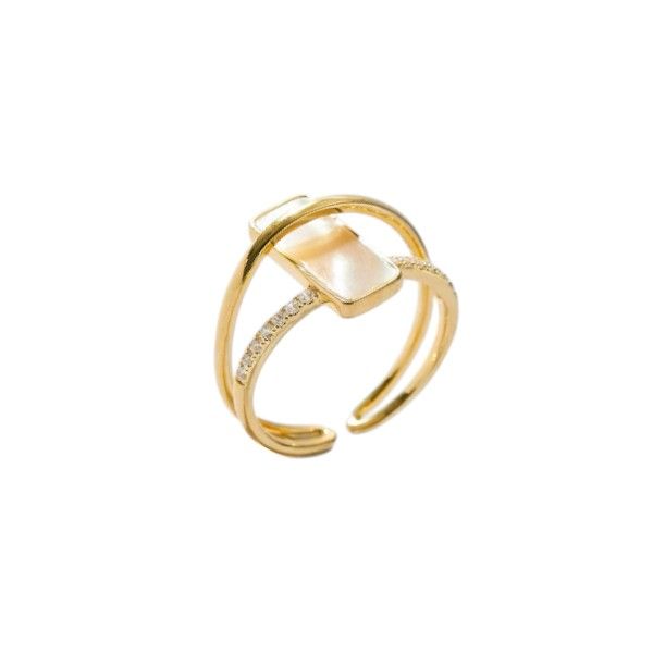 Geometric Open Band Ring With Square Accent &amp; Pavé Detail - Gold