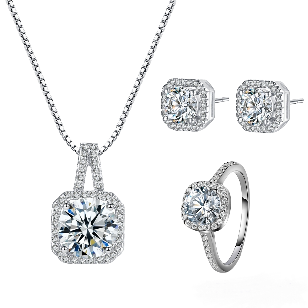 Exquisite Sterling Silver Square Necklace, Ring and Earring Set for ...