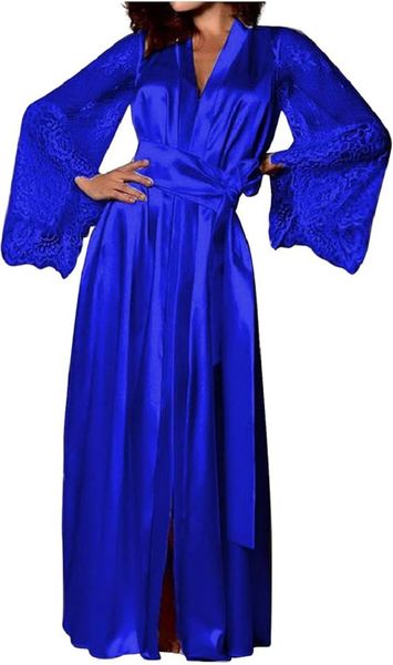 Women's Blue Satin Lace Bath Robe Long Nightdress Sleepwear Gown