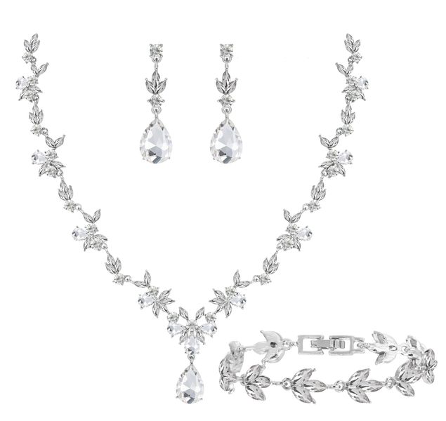 Silver Floral Bridal Jewelry Set | Crystal Necklace Earrings Bracelet