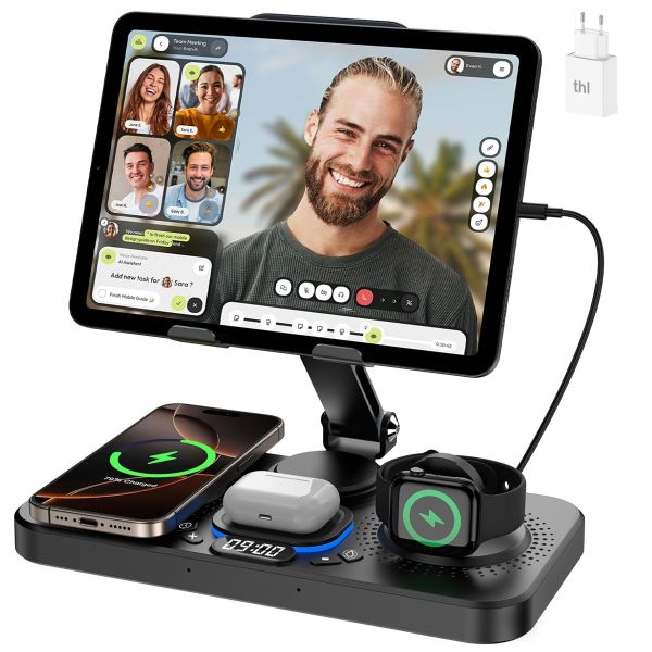 thl 6 in 1 Wireless Charger Device,30W Foldable Charging Station with Clock