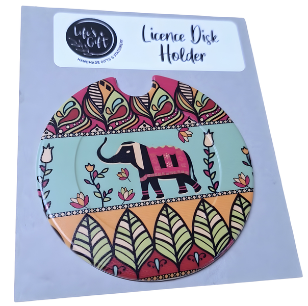 Licence Disk Holder - White Eye Elephant with Tulips