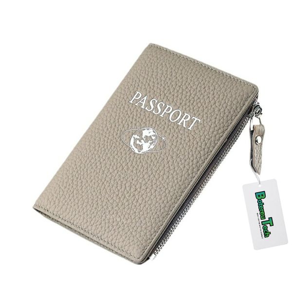 BotereuTech RFID Blocking Passport Holder Leather Zipper Wallet Gray