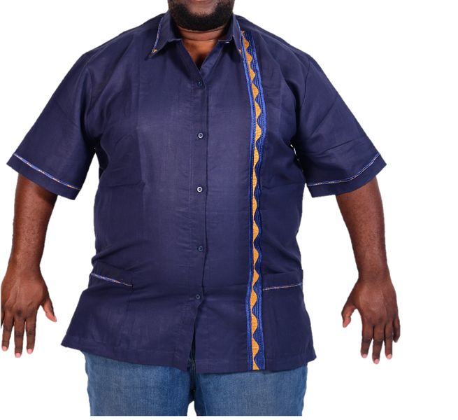 Traditional African Embroidered Linen Shirt with Buttons - Navy