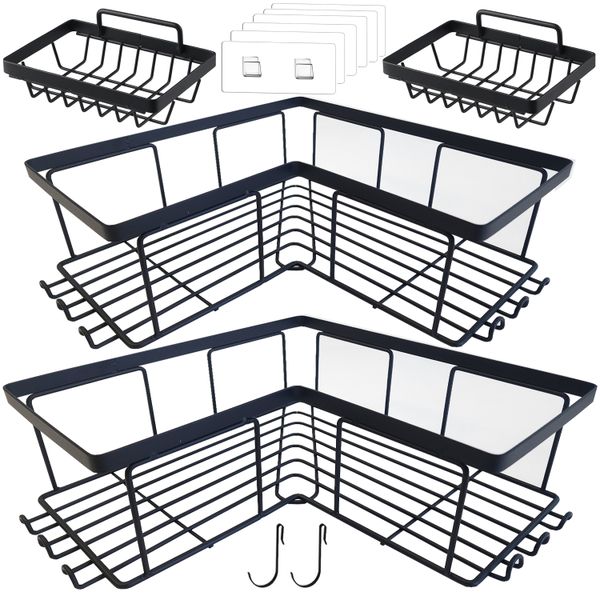 Corner Adhesive Shower Caddy No Drill Organiser With 2 Soap Holder, Hooks