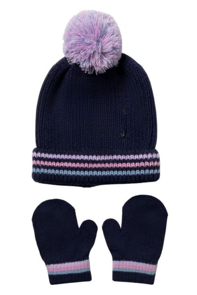 Kids Pom Pom Beanie and Mitten Winter Set - Navy &amp; Pink
