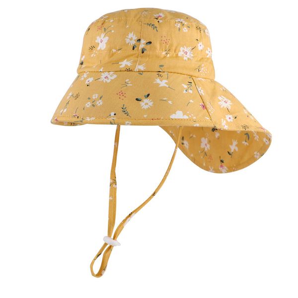 Girls Yellow/White Flowers Bucket Hat with long Back