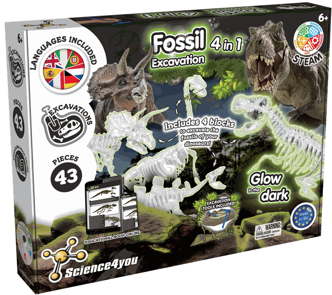 Science4you - Dino Excavation Set 4-in-1 - Glows in the Dark, Ages 6+