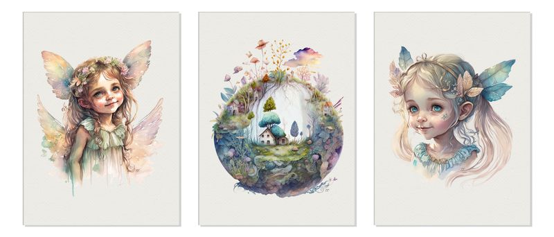 Wall Art: Watercolour Fairies Illustrations - Set of 3 Prints