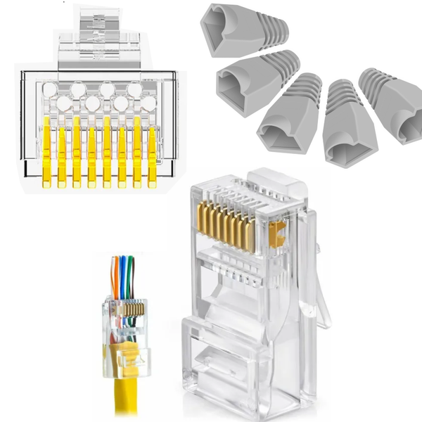 Entratech Pass Through Cat6 RJ45 Connectors &amp; RJ45 Grey Boots - 50PCs each
