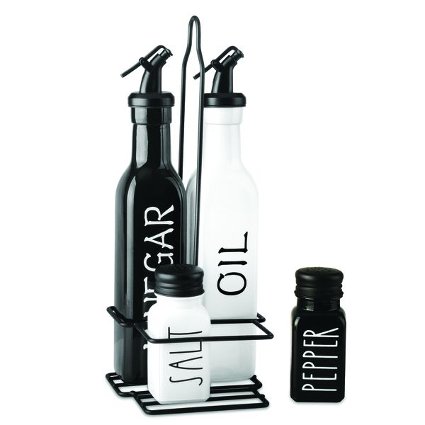 Regent Glass Black and White Condiment Set in a Caddy 5 Pieces, 250ml/85ml