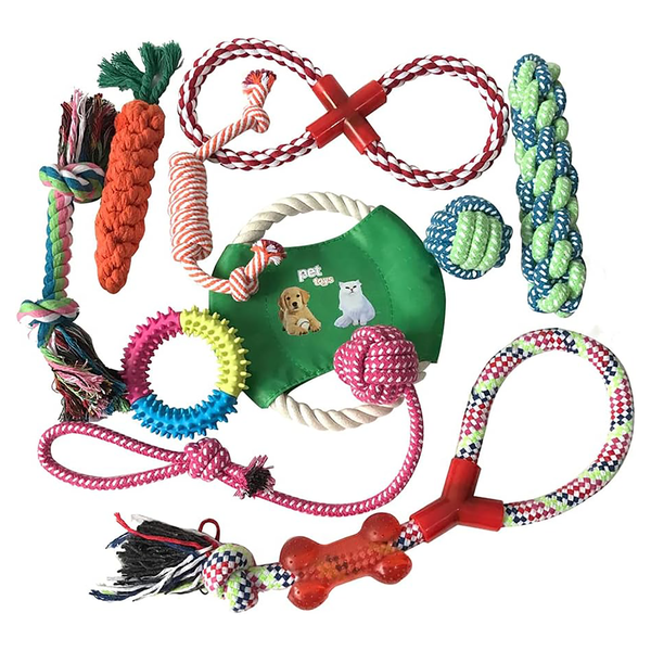 10 Pk Dog Chew Toys Set Rope Squeaky Teeth Cleaning for Puppies Medium Dogs