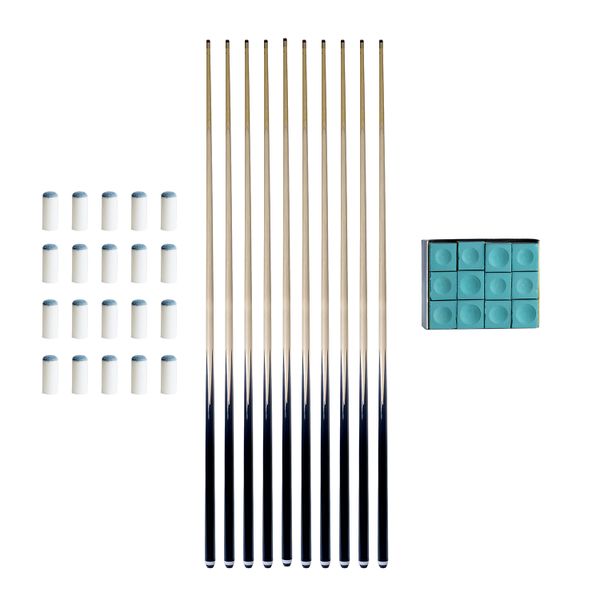 Standard Pool Cues x 10, Tip &amp; Chalk Combo Set