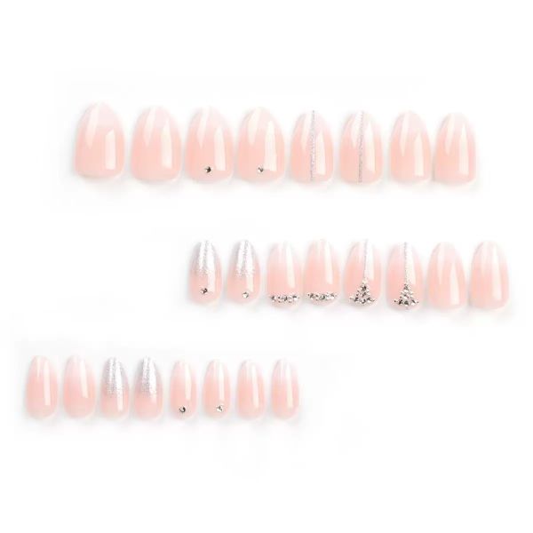Silver Glitter Press on Nails French Tip Fake Nails Almond False Nail