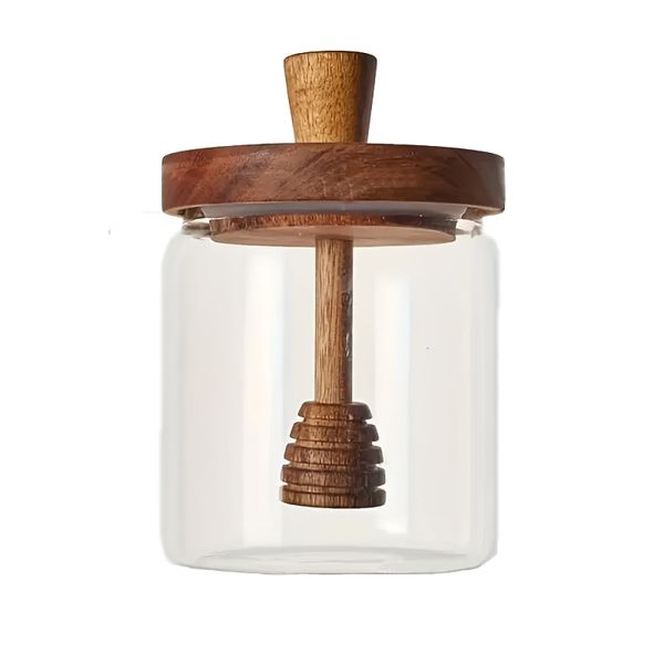 Transparent Glass Honey Jar With Acacia Wood Lid And Stirring Stick