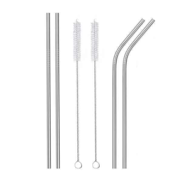 Stainless Steel Reusable Straws, 6 Piece, Eco Friendly + 2 Cleaning Pipes