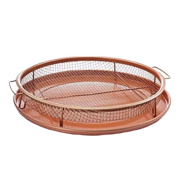 2 Pieces Round Copper Crisper Oven Baking Tray Non-Stick Mesh Crisper Basket