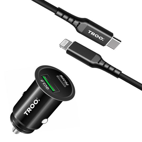 TROO Certified PD 48W Fast Car Charge &amp; USB-C To Lightning MFI Braided Cable - 1.0m