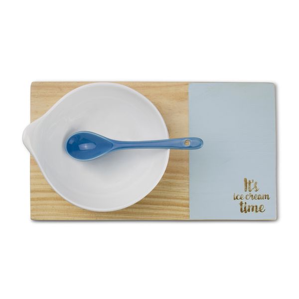 Ceramic Dish and Spoon - Wooden Engraved Tray - Blue