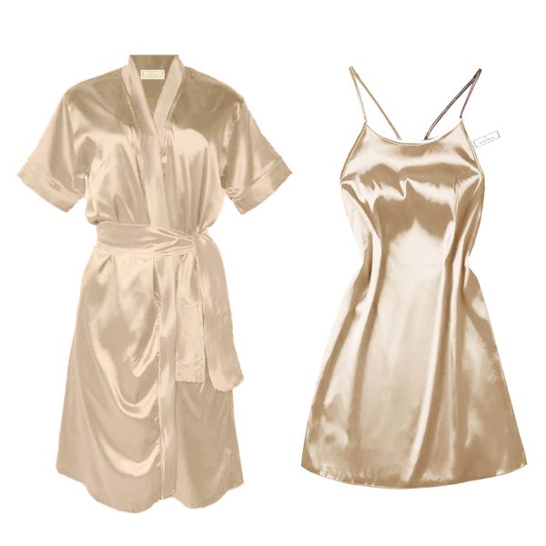 PJ Warehouse Vanilla Gold Armani Satin Strappy Nightie And Gown Set