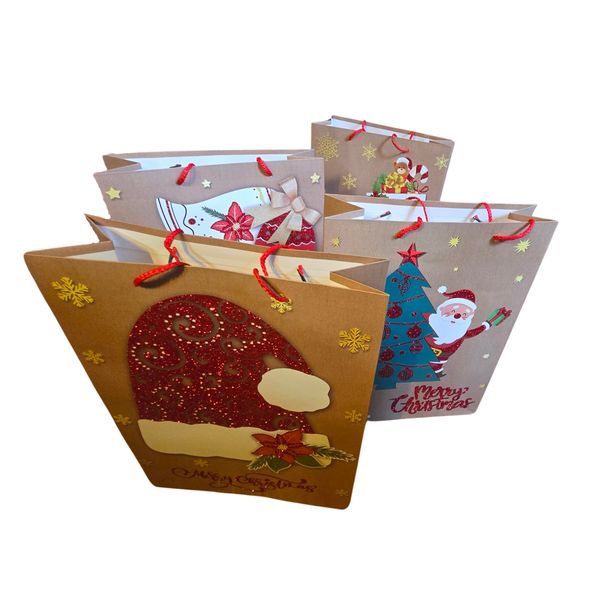 2 Dimensional Gift Bag Value Pack of 4 - Santa - Stocking-Bell and Hat