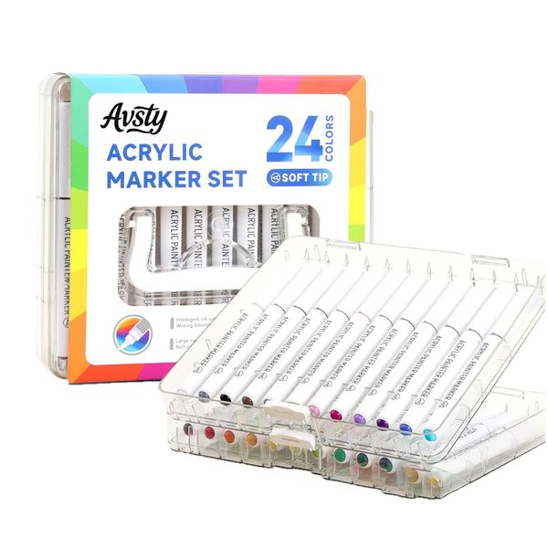 24 Colors Acrylic Paint Markers Pens Set, Soft Brush Tip Markers