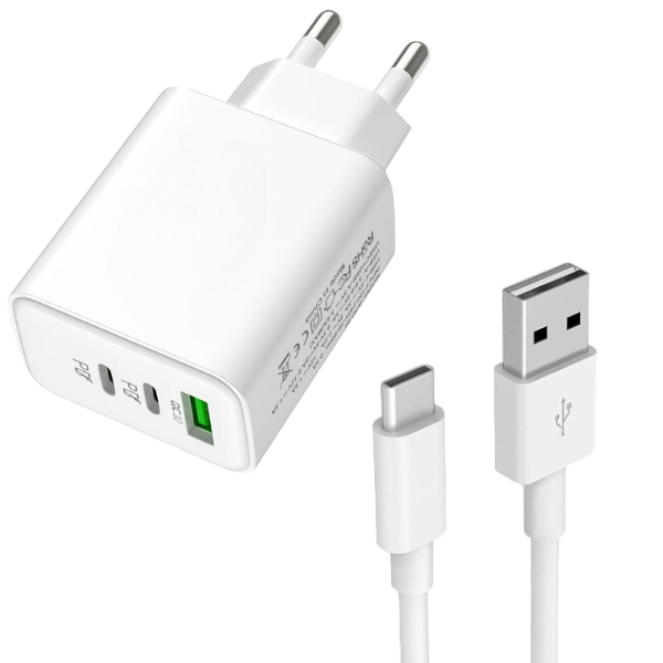 ABODOS - CS253 - 1 USB + 2 Type Port Charger With Type-C Cable - White
