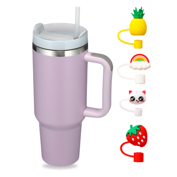 Tumbler with Handle Lid Straw and 4 Unique Stoppers - Stainless Steel
