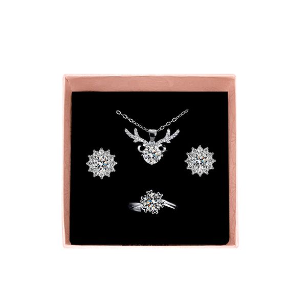 Zirconia Pendant Necklace Earrings Ring Set - Antler