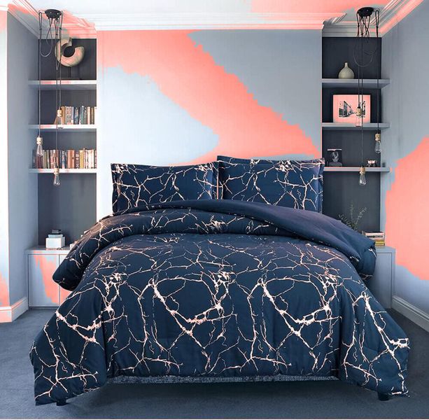 PARI Navy Gold Metallic Marble Comforter Set Print Glitter Queen