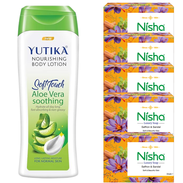 Aloe Vera Body Lotion 300ml &amp; Saffron Sandal Luxury Soap 5 Pack Combo