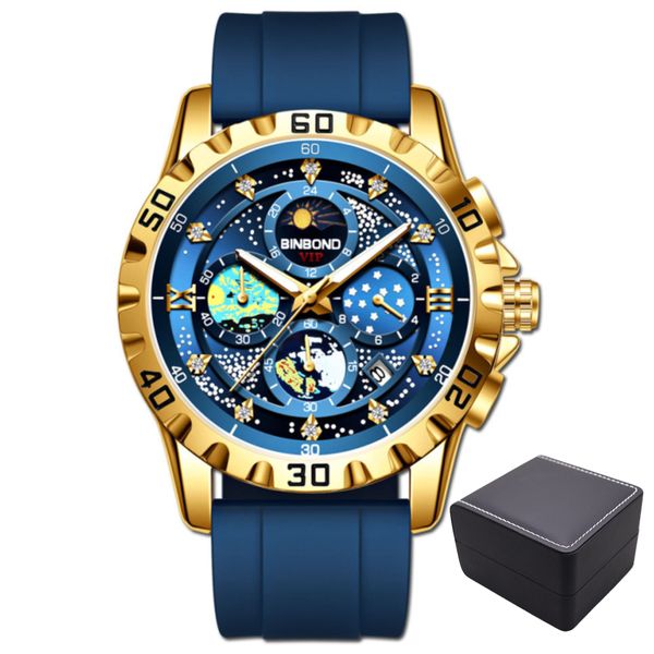 Binbond Men Blue Rubber Crystal Sport Cosmic Star Luminous Waterproof Watch