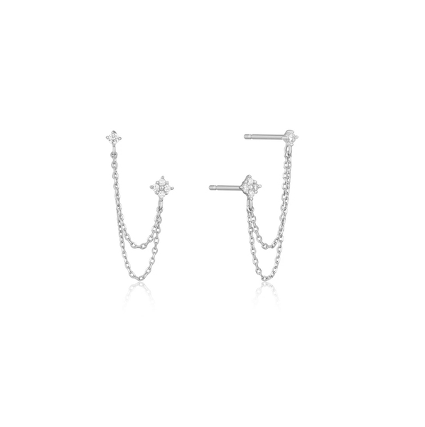Cosmic Double Stud &amp; Tassel Chain 925 Sterling Silver &amp; Zircon Earrings