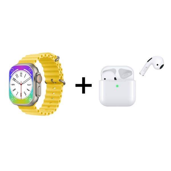 Yellow Smart Watch &amp; TWS Wireless Earphones Combo