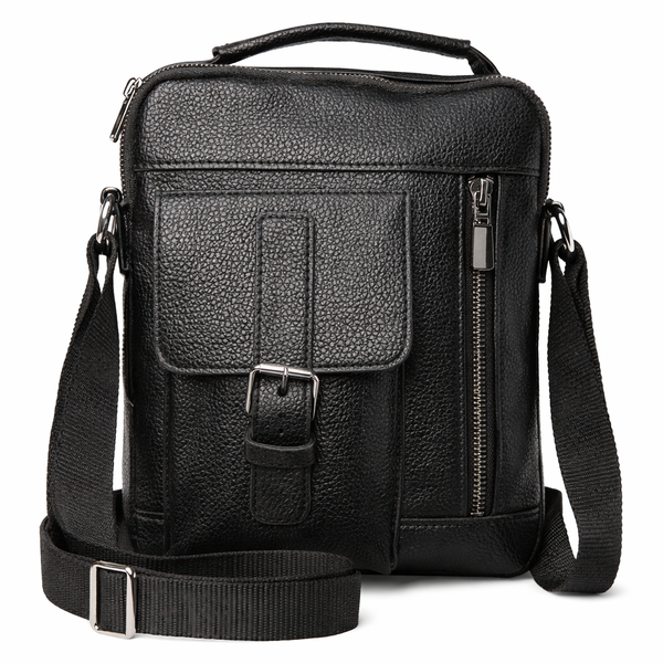 Men's PU Leather Crossbody Shoulder Bag with Multiple Zip Pockets - Black