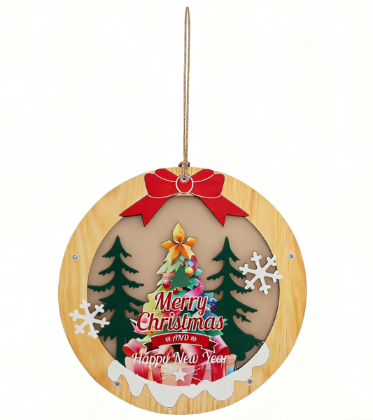 Lighted Christmas Tree Wooden Circular Ornament