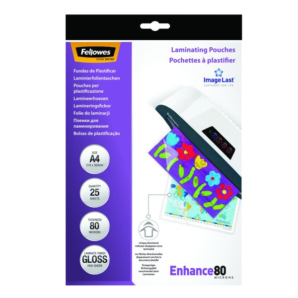 Fellowes Enhance80 Gloss Laminating Pouches A4, 160 Micron, (80+80) 25 Pack
