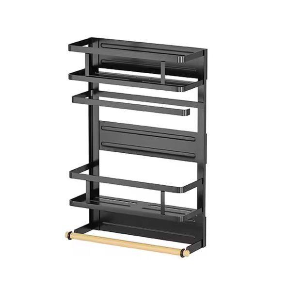 46cm Iron Magnetic Spice Rack for Refrigerator with Wooden Holder - Black