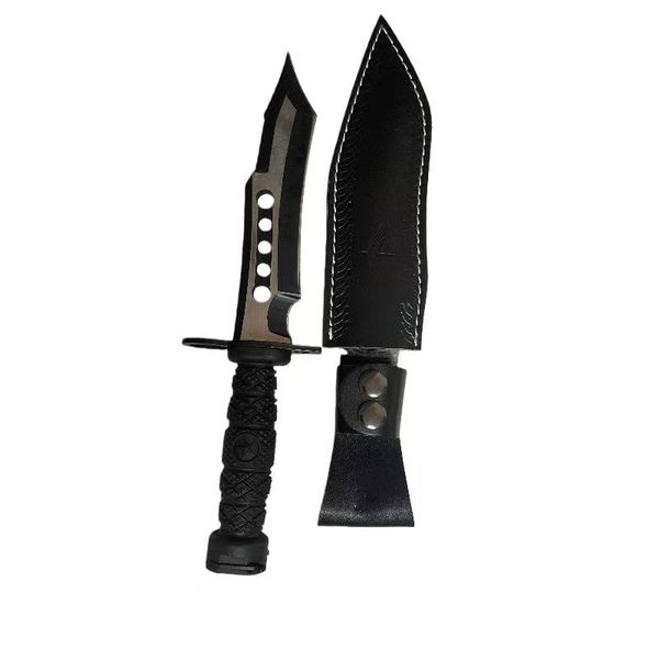 Outdoor Survival Fixed Blade Knife with Woven Handle &amp; Leather Sheath
