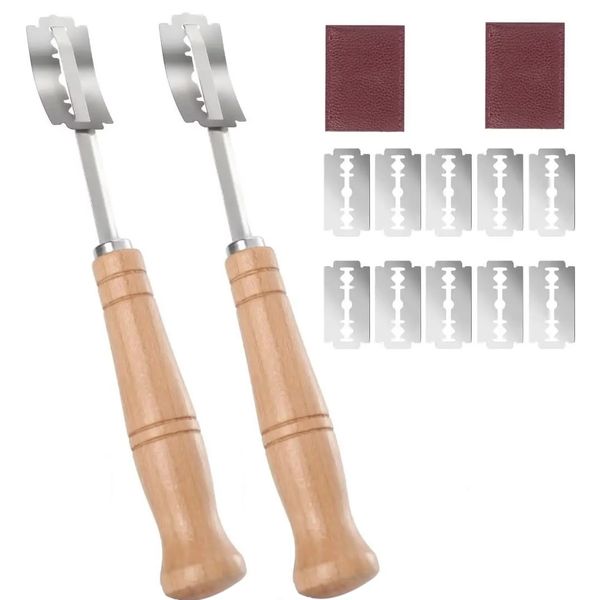 2 Pieces Bread Cutter Wooden Handle Slashing Tool With 10 Razor Blades