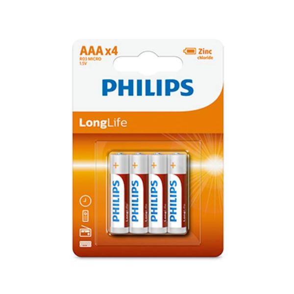 Philips - Longlife Zinc AAA Batteries 1.5V 4 Pack