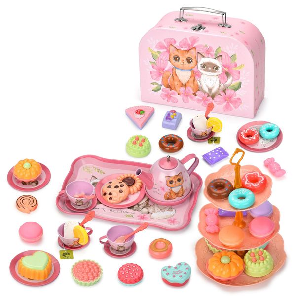 Cat Tea Party Set for Little Girls-50 Pieces Princess Play Tea Set for Toddlers