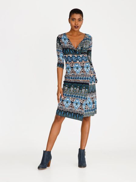 Women's Edit Wrap Over Dress With 3/4 Sleeve Multi Colour