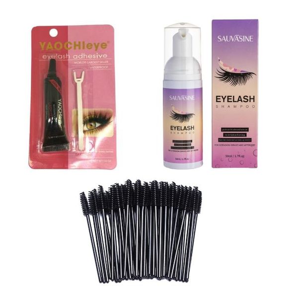 Lash Essentials Combo:50 Pro Lash Brushes , Adhesive &amp; Shampoo + Brush 60ml