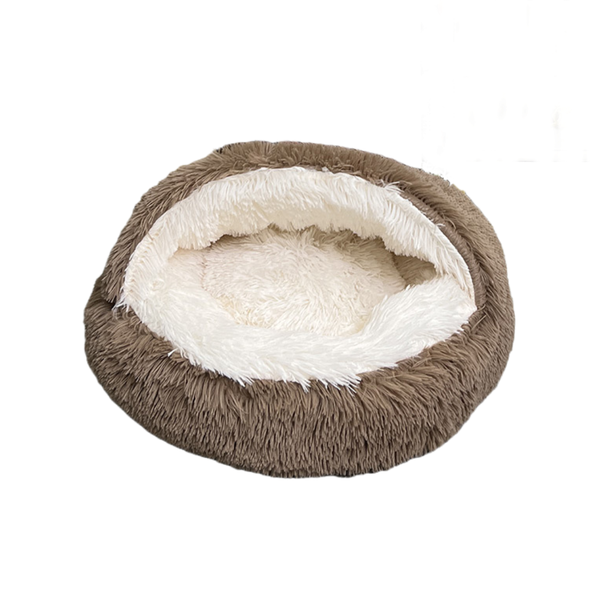 Hooded Cat Bed Calming Small Dog Bed Round Plush Fluffy Non-Slip