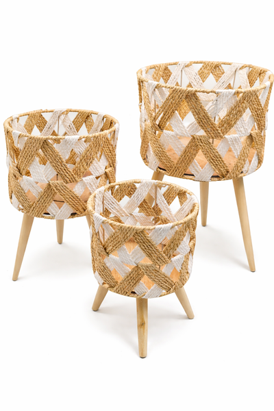 Set of 3 Woven Boho Planters on Wooden Legs - Natural &amp; White