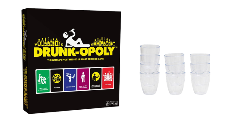 Drunk-opoly Drinking Game + 6 Shot Glasses - Drunk Proof Waterproof Cards