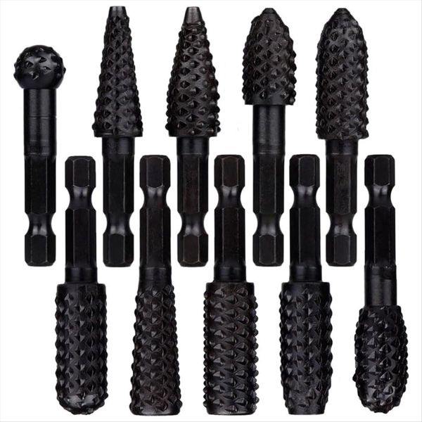10 Pcs Rotary Rasp File Set 1/4 Inch Hex Shank Rotary Compatible with None