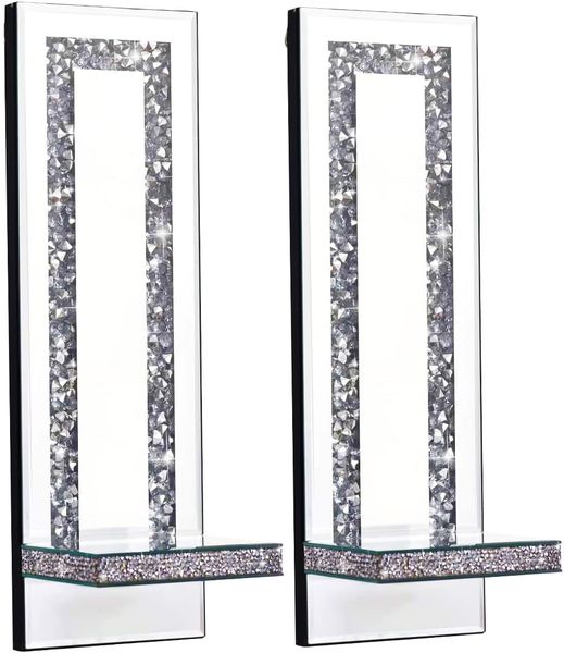 Crystal Crush Diamond Candle Holder Set of 2-Wall Decorations Silver Mirror